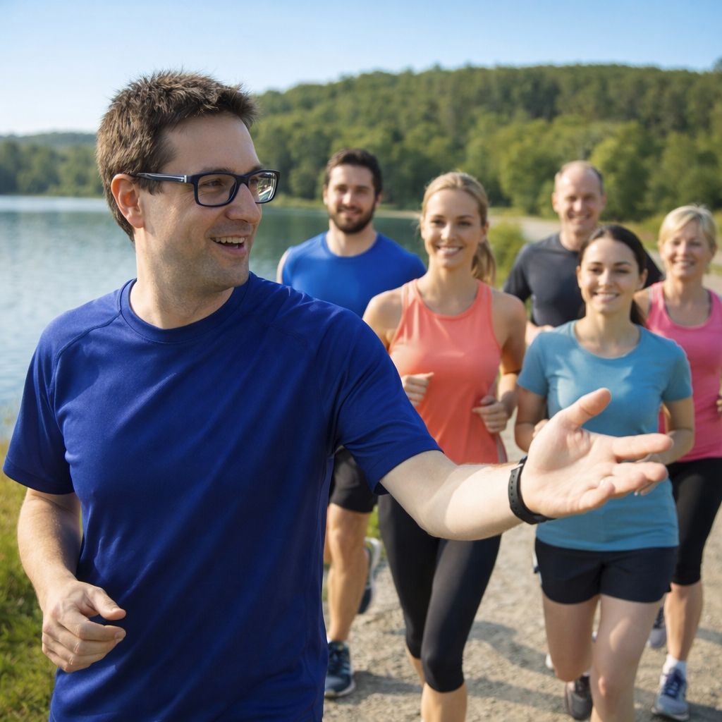 Eine Gruppe läuft um einen See herum.