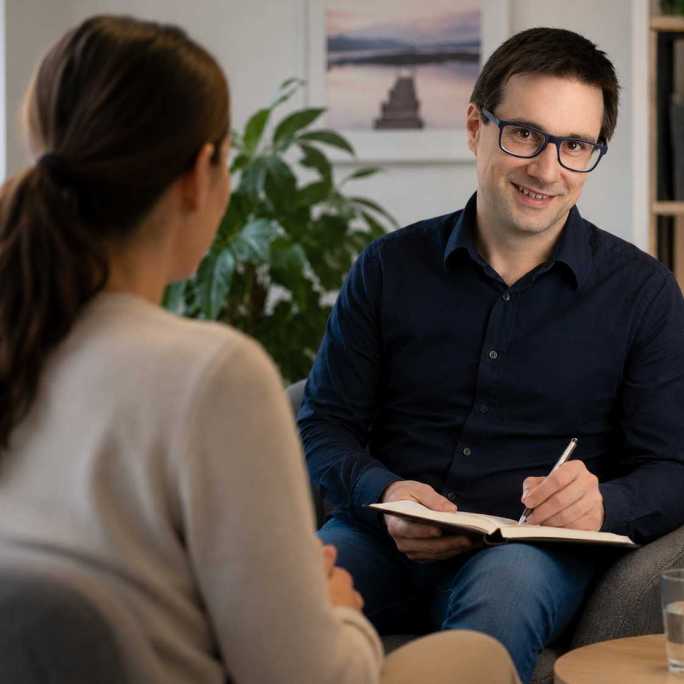 Eine Frau sitzt beim Beratungsgespräch. Der Berater macht Notizen in ein Buch.
