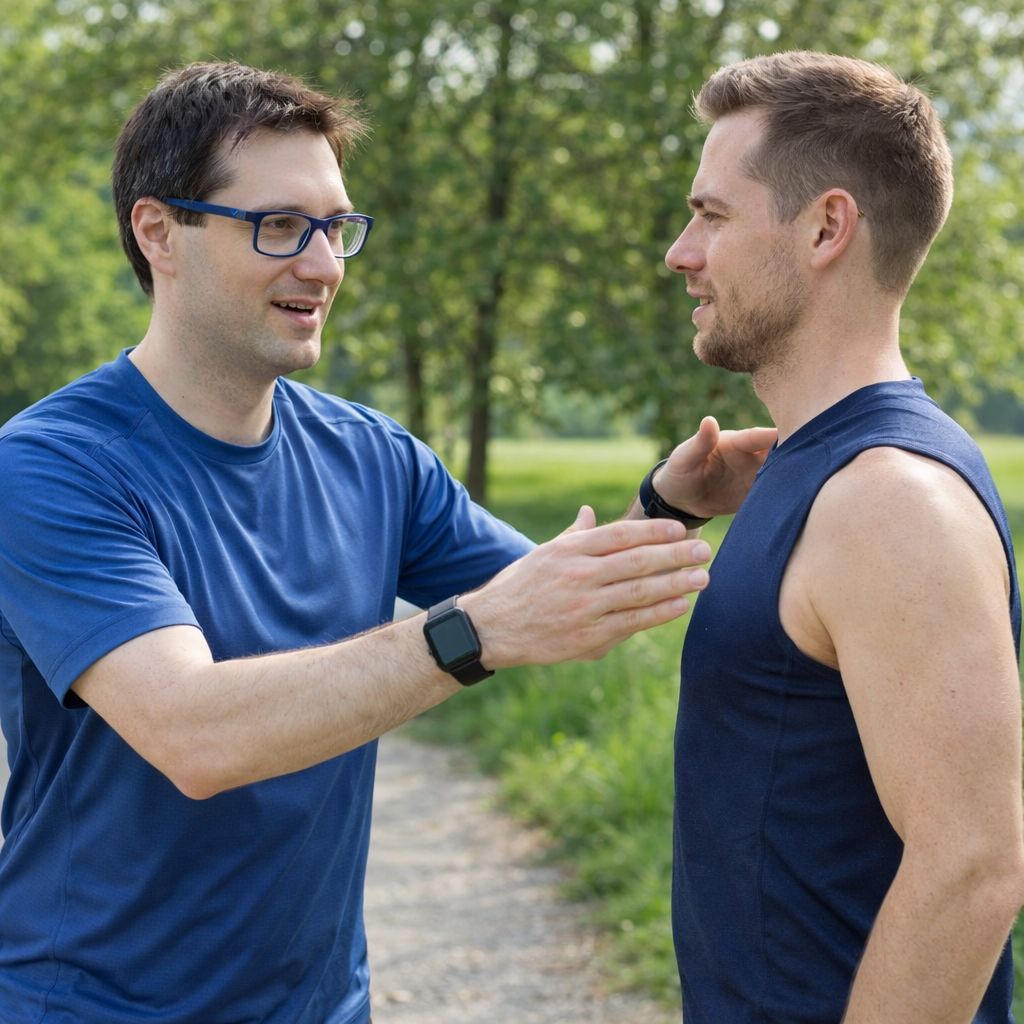 Ein Trainer erklärt einem Kunden, wie er seine Haltung beim Laufen verbessern kann.